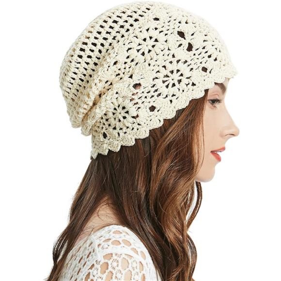 Women Cotton Crochet Beanie Hat CuteKnit Cutout Summer Floral Skull Cap - Picture 1 of 7